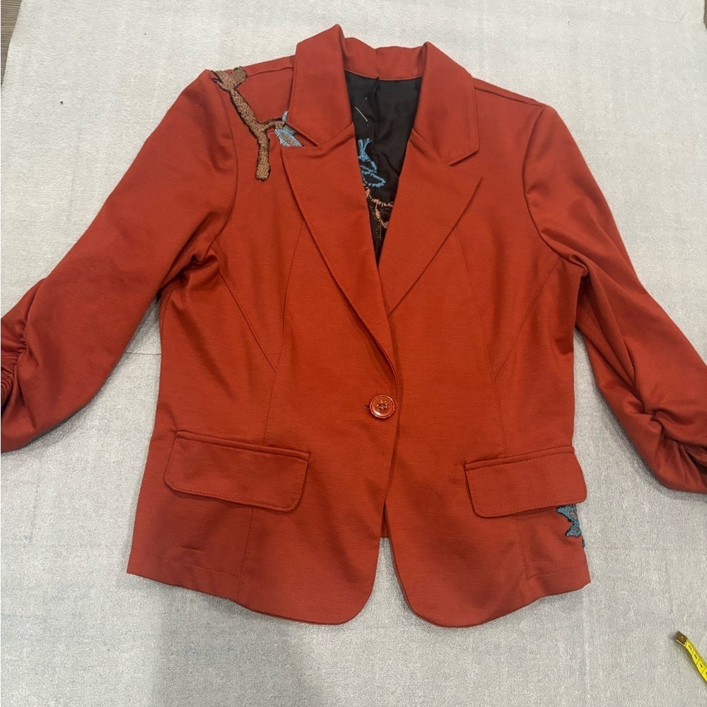 Spring Rust Blazer with Hand Embroidered Bird Branches Floral